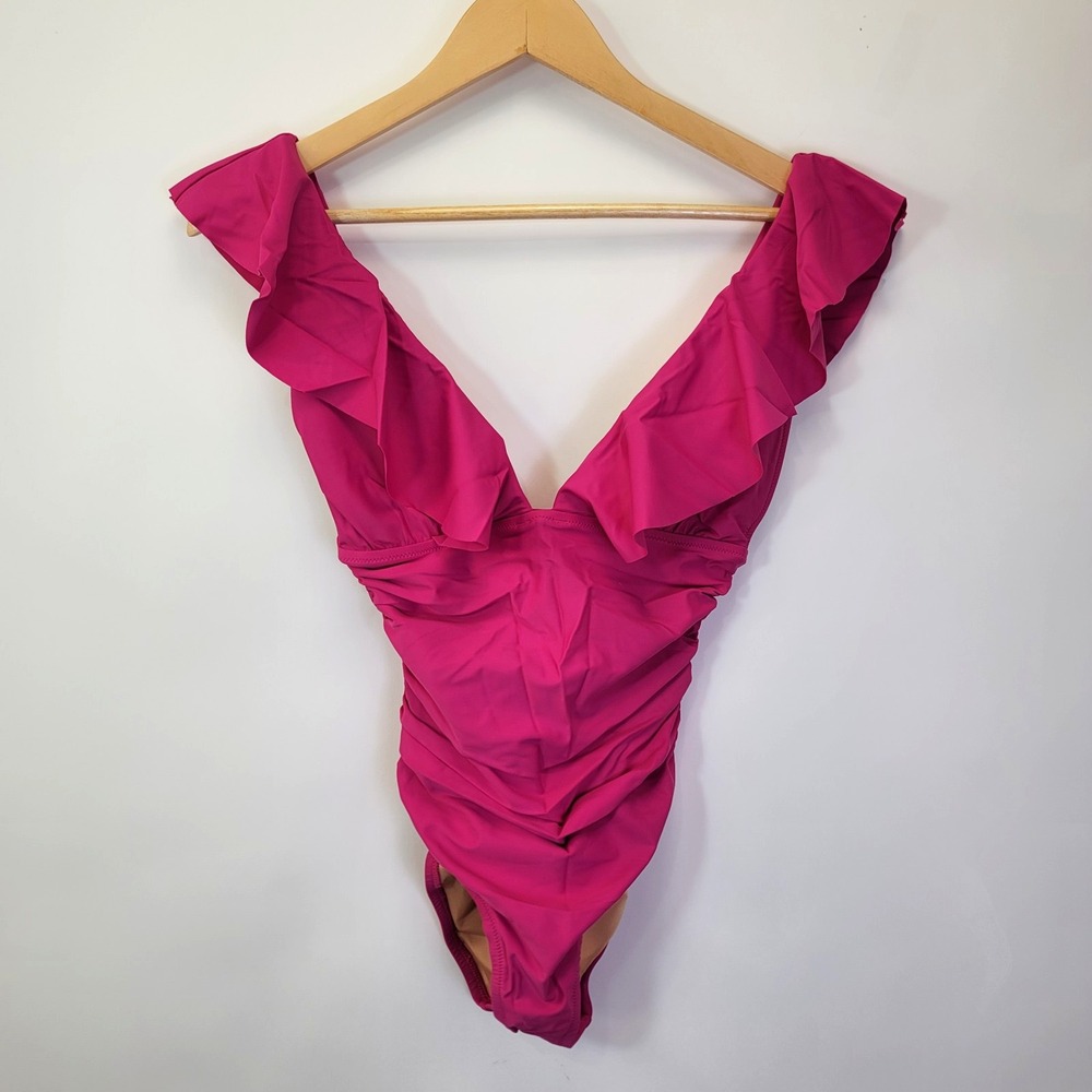 J. Crew Ruched Ruffle One Piece Swimsuit Size 4 Pink Deep V Neck NWT - Picture 2 of 5